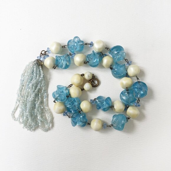 Vintage Blue Plastic & Faux Pearl Beaded Seed Bead Tassel Link Necklace As Is - Picture 2 of 2